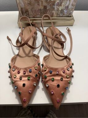 Valentino Embellished Satin Pointed Toe Ankle Tie Flat - Rose Gold